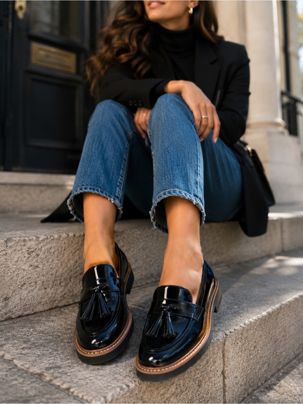 Franco Sarto Black Patent Leather Tassel Loafers Lug Sole Women’s 7.5